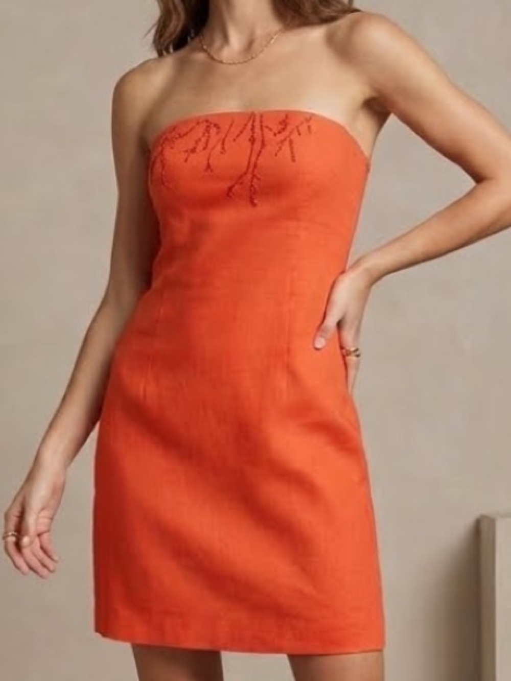 KAY UNGER VTG 90s Orange 100% Linen Strapless Beaded Embroidered Mini Dress Y2K